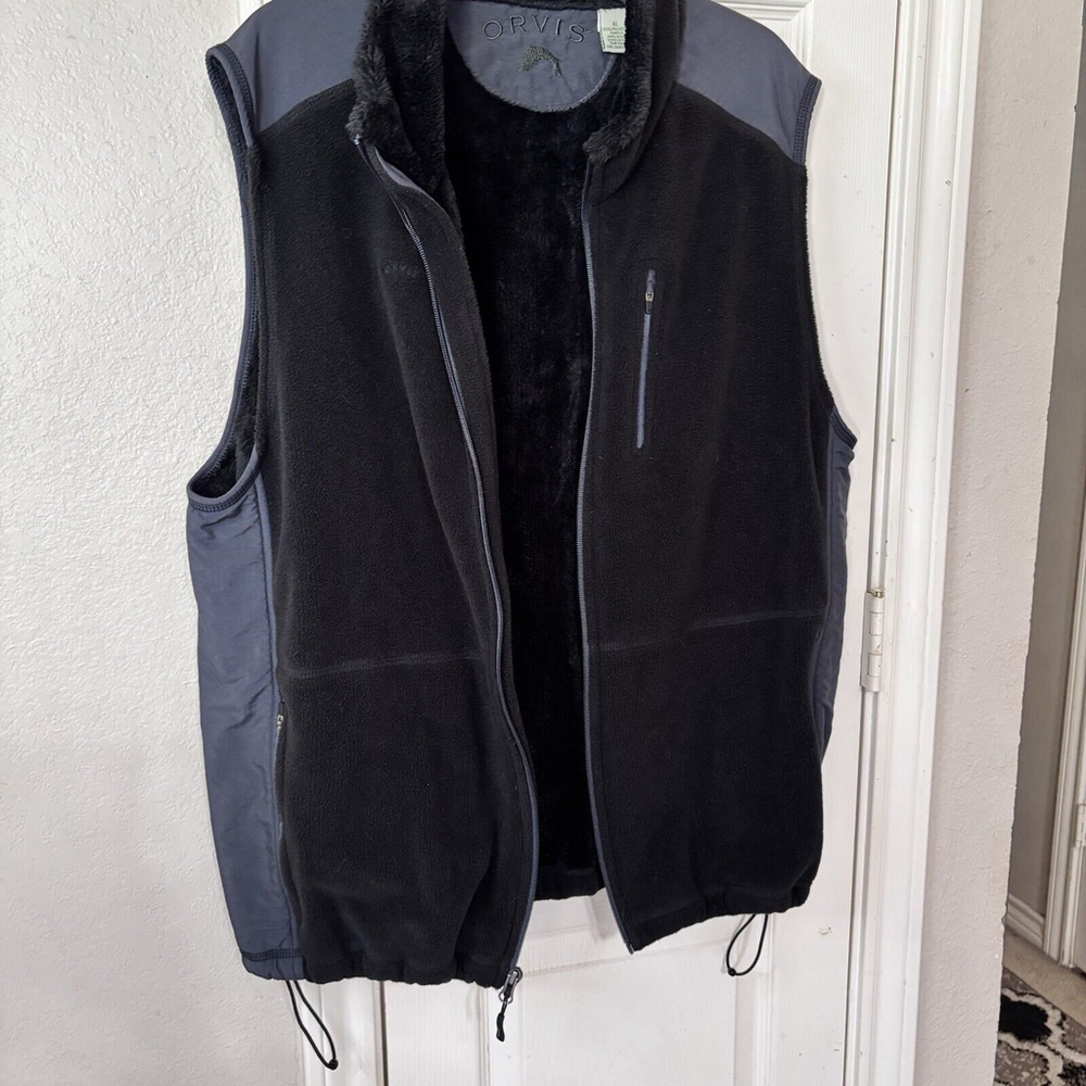 Orvis Men's XL Warm Black Fleece And Fur Lined Zip Vest 3 Pockets in Front - Picture 9 of 10